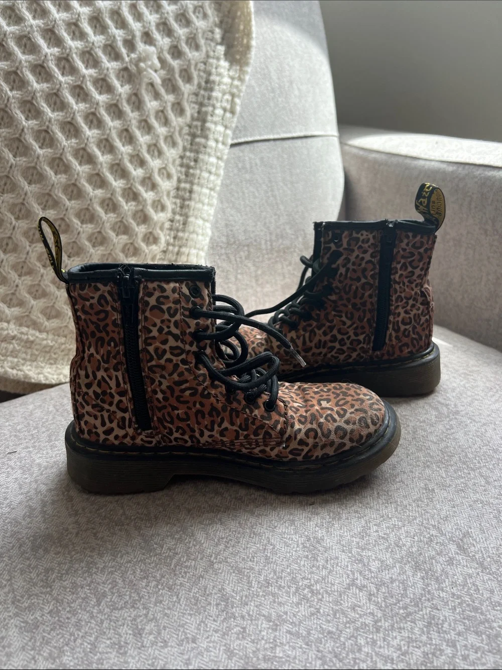 Dr. Martens Kids Leopard Combat Boots in Brown and Black